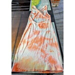 Y2K Boho Orange Tie Dye Ribbed Knit Mini Dress High Neck Strappy Back S